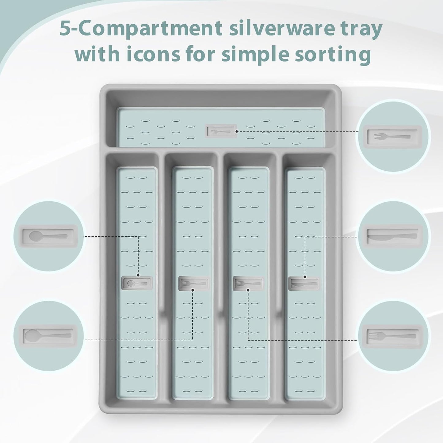 Silverware Organizer with Cutlery Icons，Silverware Tray for Kitchen Drawer，Flatware Tableware Cultery Drawer Organizer Utensil Organizer with Non-slip TPR Linings，Kitchen Organization Essentials