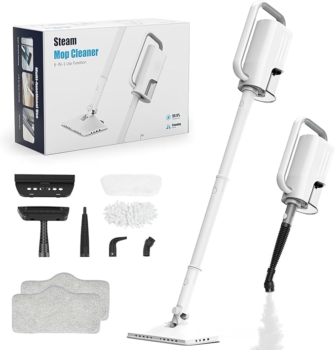 7-in-1 Steam Mop, 1200W Rotated Steam Cleaner for Home, 2 Modes, 400ML Removable Tank, 23FT Power Cord, 2 Pads, Multi-Surface Steamer for Hard Floor, Laminate Floor, Tiles Cleaning (First Frost)