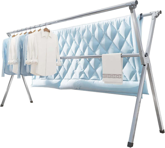 Clothes Drying Rack 95 Inches Folding Outdoor Indoor, Drying Rack Clothing Collapsible, Foldable Laundry Drying Rack, Heavy Duty Stainless Steel Clothesline, 20 Hooks 12 Clips