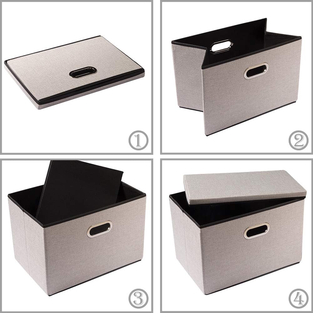 PRANDOM Large Foldable Storage Bins with Lids [3-Pack] linenFabric Decorative Storage Boxes Organizer Containers Baskets Cube with Handles Divider for Bedroom Closet Office Light Grey(17.7x11.8x11.8)