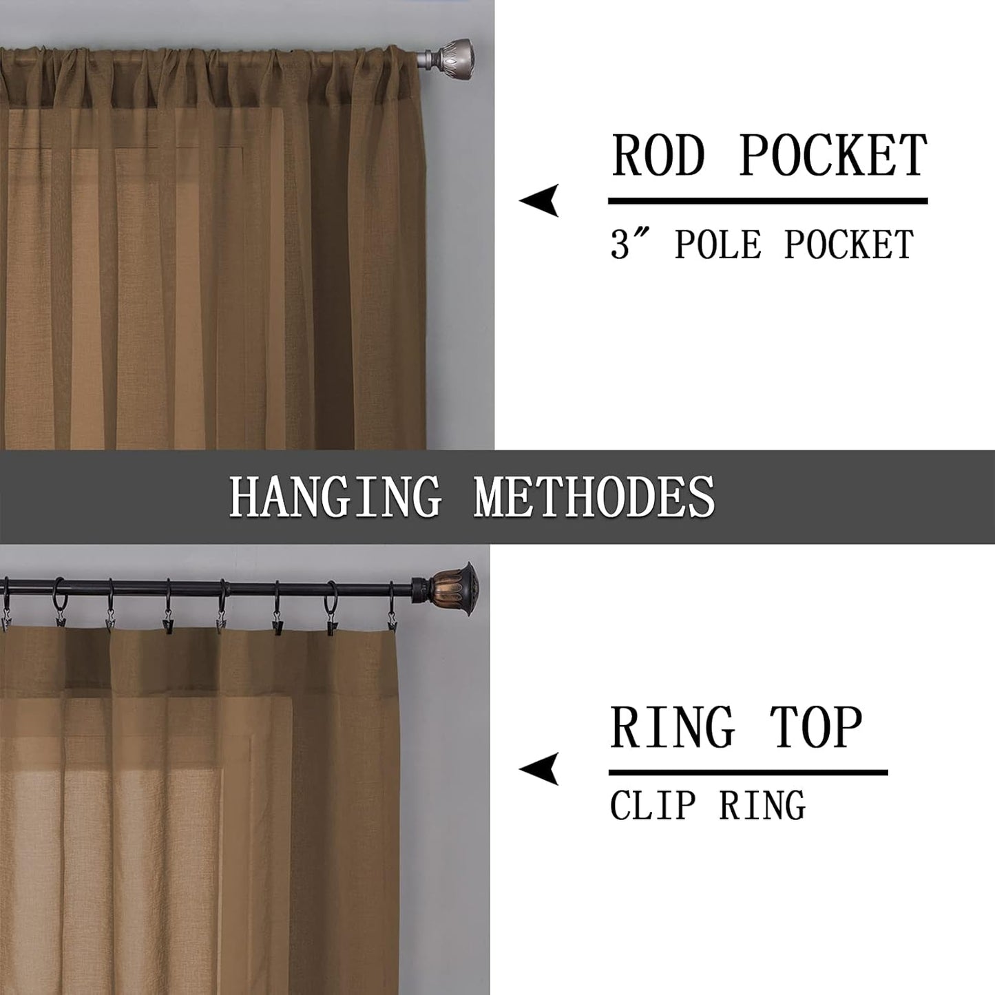 Tollpiz Sheer Curtains Bedroom Linen Textured Curtain Sheers Light Filtering Voile Rod Pocket Curtains for Living Room, 38 x 84 inches Long, Brown, Set of 2 Panels