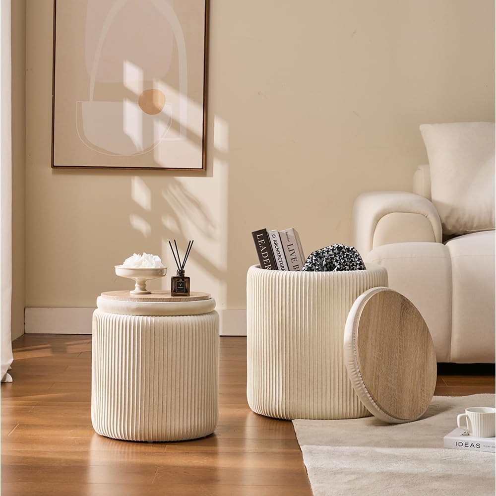 Round Set of 2 Ottoman with Storage-Upholstered Velvet Vanity Stool for Makeup Multifunctional Ottomans Coffee Table Padded Seat Foot Rest for Living Room&Bedroom（White）