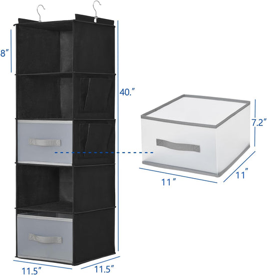 5-Layer Suspended Fabric Shelf Organizer, Equipped with 2 Sturdy Hooks, 2 Separate Drawers, and Foldable Hanging Storage (Black)