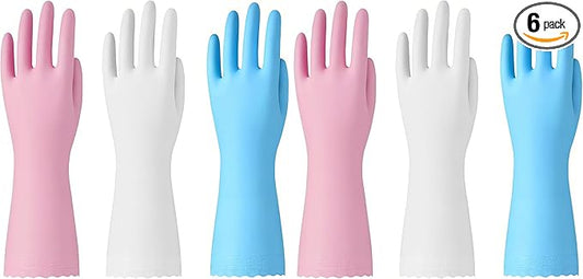 Bamllum Rubber Cleaning Gloves - 3 Pairs Latex Free Kitchen Cleaning Gloves with Cotton Liner- Household Dishwashing Gloves, Non- Slip Waterproof (Medium, Blue+Pink+White) (Pack of 2)