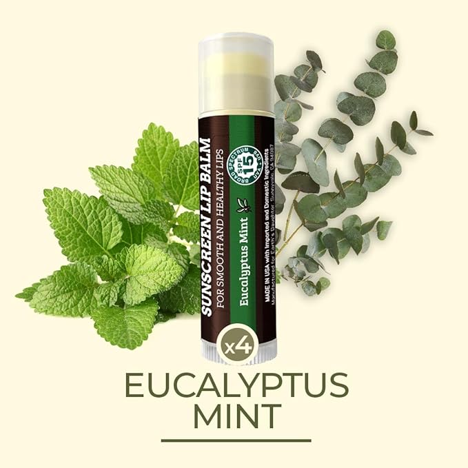 Earth's Daughter SPF Lip Balm Eucalyptus Mint 4-Pack - Lip Sunscreen, SPF 15, Organic Ingredients, Beeswax, Coconut Oil, Vitamin E - Hypoallergenic, Gluten Free