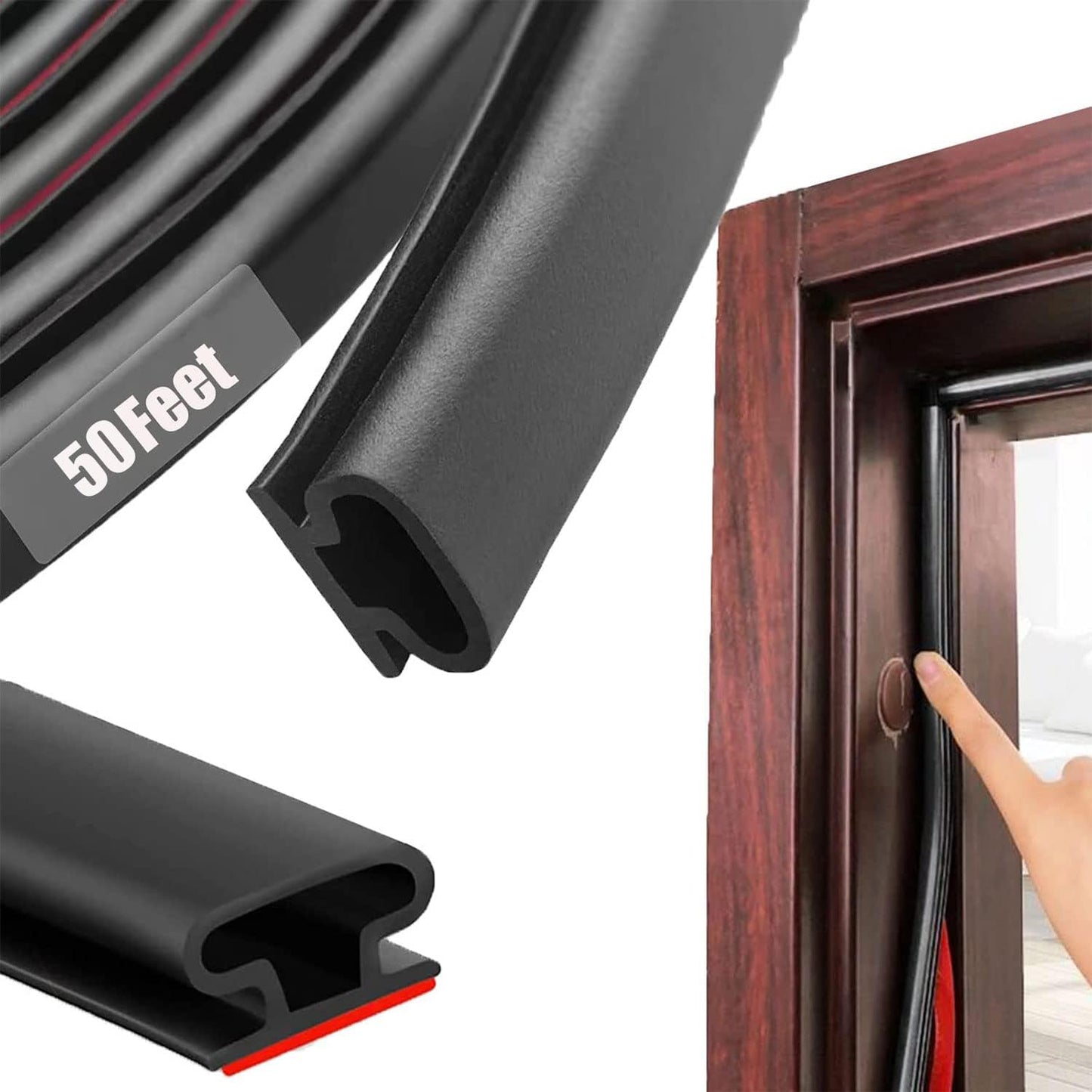 Black Rubber Weather Stripping Door Seal Strip, D Shape Door Rubber Weather Seal Strip, SelfAdhesive Door Weatherstripping Soundproofing Door Sealing Strip for Windows (50 feet, Black)