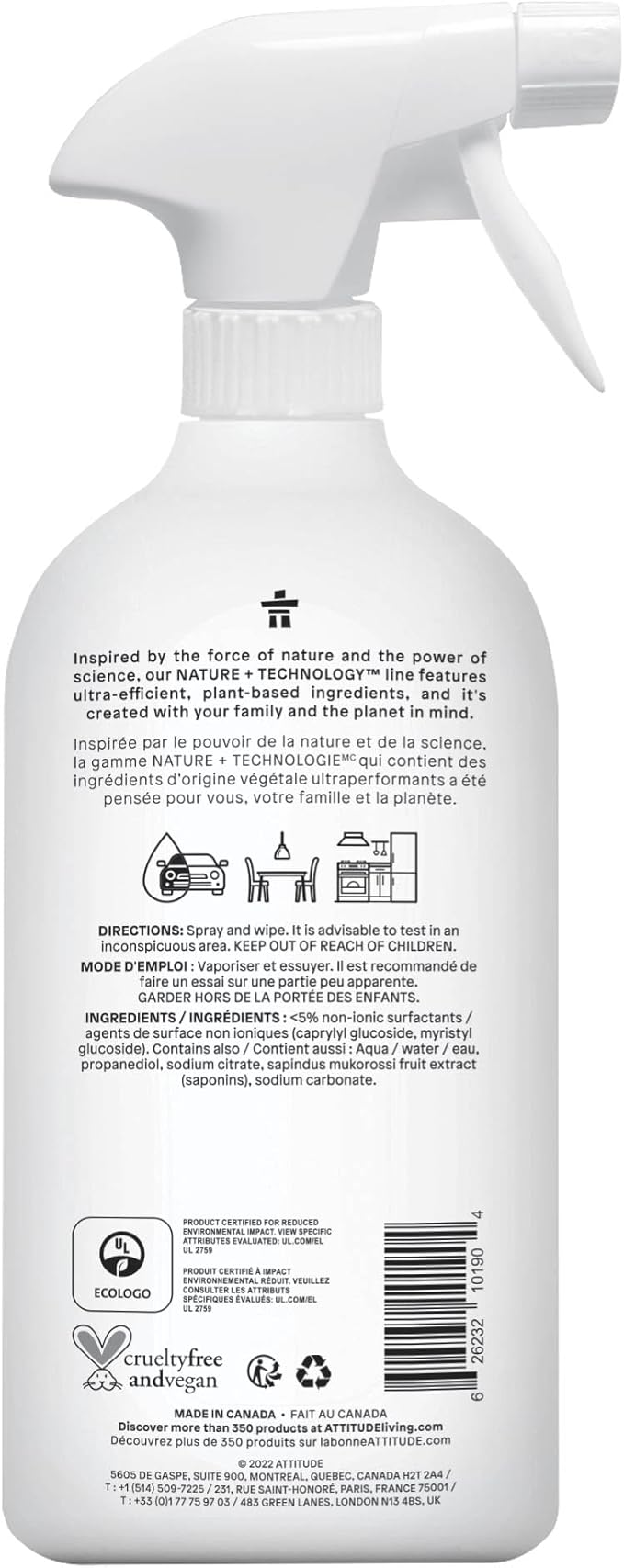 ATTITUDE All Purpose Cleaner Spray, EWG Verified, Vegan, Made with 94% Plant-Based Ingredients, Streak-Free for Kitchen, Bathroom, Glass & More, Unscented, 27.1 Fl Oz