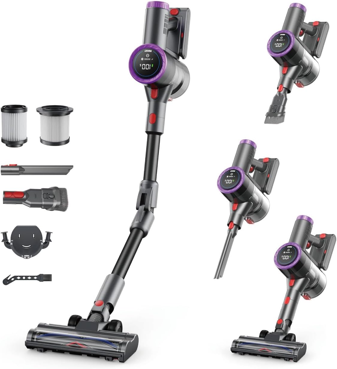 Cordless Vacuum Cleaner Bendable 6-in-1 Stick Vacuum — Lightweight with 45mins Runtime, LED Display & Headlight, Rechargeable for Carpet, Tile, Pet Hair & Hardwood Floors (Purple)
