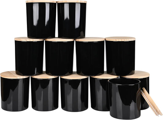 Thick Candle Jars for Making Candles 12 Pcs, 14 OZ Empty Jars with Wood Lids for Candle Making, Sample Container, Light Black