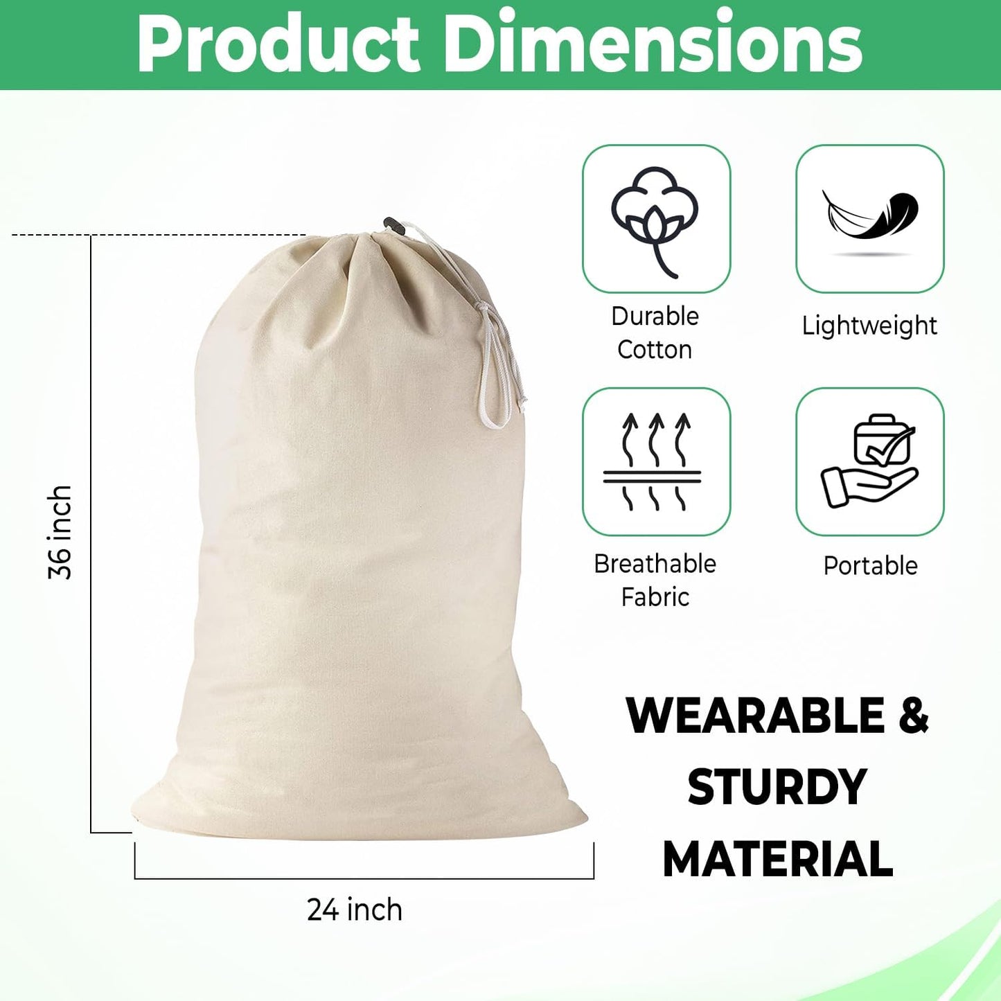 Large Cotton Laundry Bags 24x36 Inch with Drawstring, Heavy Duty Travel Organizer for Hamper, Basket, Camp – Beige (2 Pack)