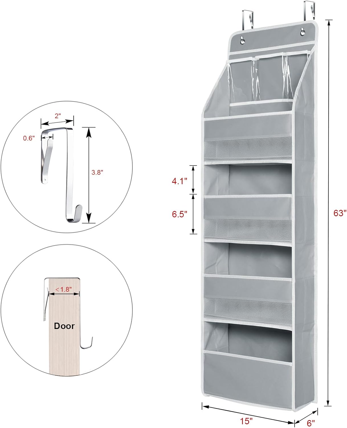 Univivi 5-Shelf Fabric Door Storage Over Door Hanging Organizer with 4 Large Pockets and 3 Small PVC Pockets Nursery Closet Cabinet Wall Mount Hanging Storage Organizers for Baby Nursery (Grey)
