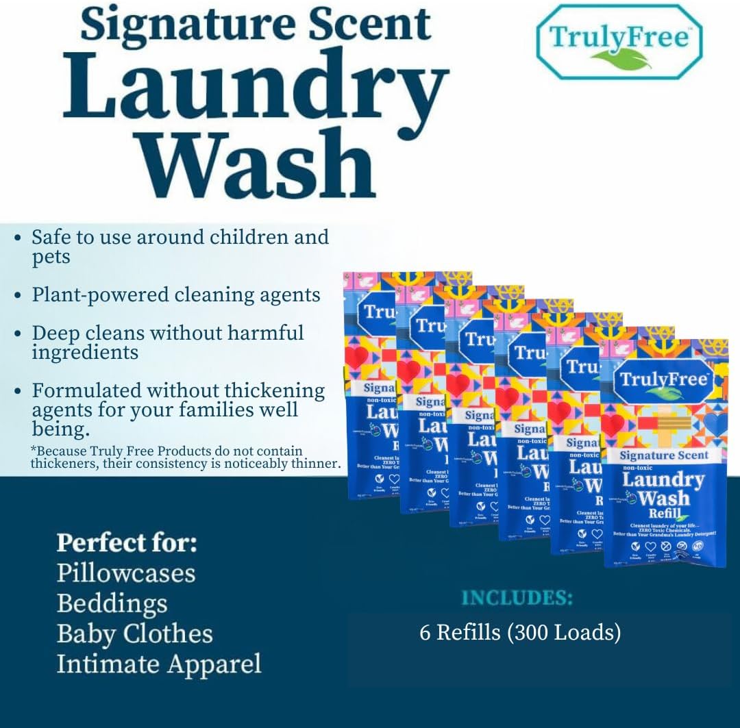 Truly Free Natural Laundry Detergent for Sensitive Skin | Eco Friendly, Plant Based, Baby Clothes Safe | Clean & Easy Powder to Liquid, 6 Pack Refill Detergent, NO Jug | Signature Scent, 300 Loads