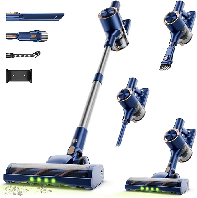 Cordless Stick Vacuum Cleaner - 45KPA Powerful Suction Vacuum with 45 Min Runtime, Detachable Battery, Anti-Tangle & 1.5L Dust Cup, 8 in 1 Vacuum Cleaner for Pet Hair, Carpet, HardFloor, Blue