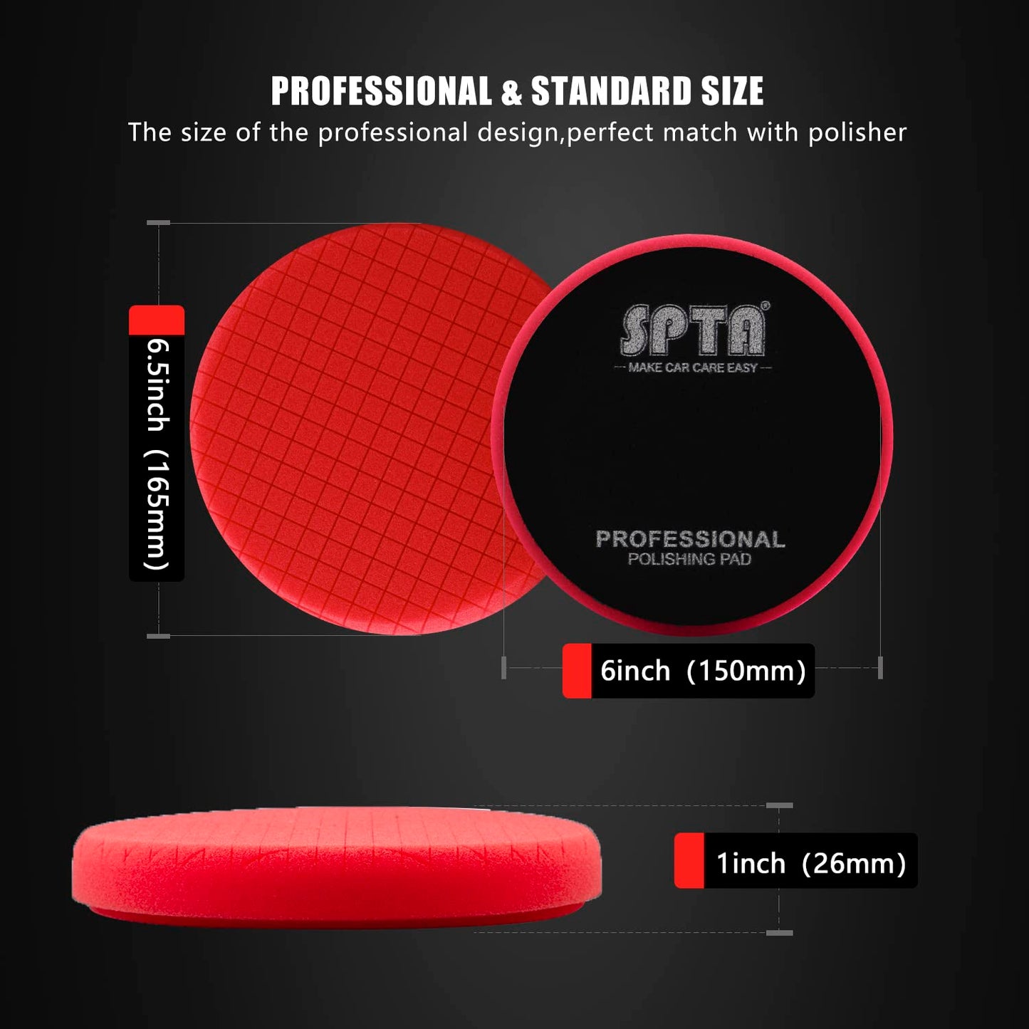 Red Finish Polishing Pads, Buffing Pads, SPTA 3Pcs 6.5 Inch Face for 6 Inch 150mm Backing Plate Compound Buffing Sponge Pads for Car Buffer Polisher Compounding, Polishing and Waxing -X00224R6B3