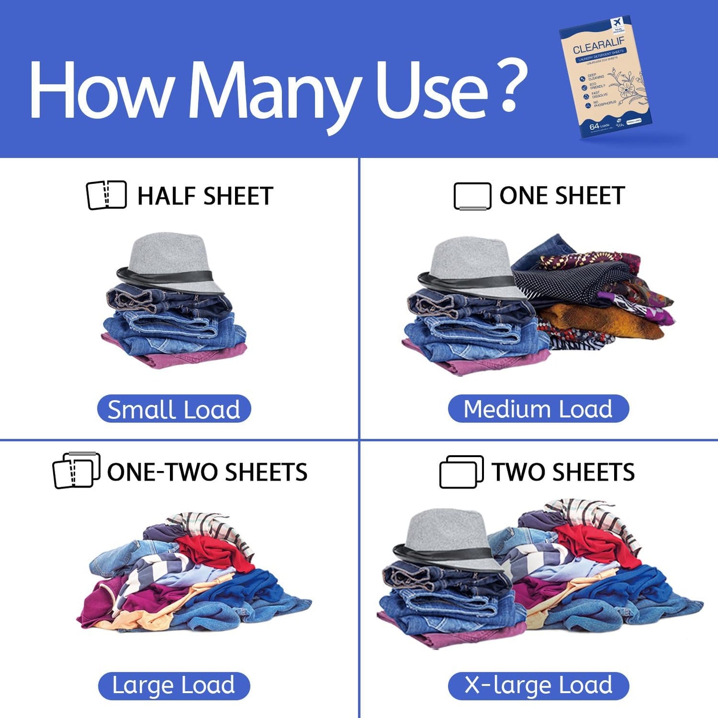 CLEARALIF Laundry Detergent Sheets, Fresh Linen, 64 Load, CLEARALIF Laundry Detergent Strips Eco Friendly & Hypoallergenic