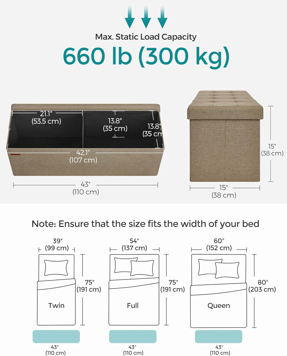 SONGMICS MAZIE Collection - 43 Inches Folding Storage Ottoman Bench, Ottoman Foot Rest, End of Bed Bench, Storage Chest, Load 660 lb, for Living Room, Bedroom, Entryway, Camel Brown ULSF077R01