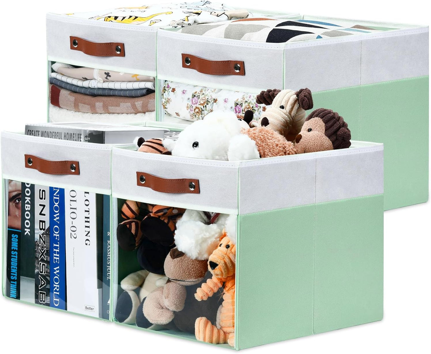 HNZIGE 13x15x13 Cube Storage Bins, 4 Pack Fabric Clear Organizer With Window, Large Collapsible Shelf Bins for Closet, Toy, Clothes - White Green