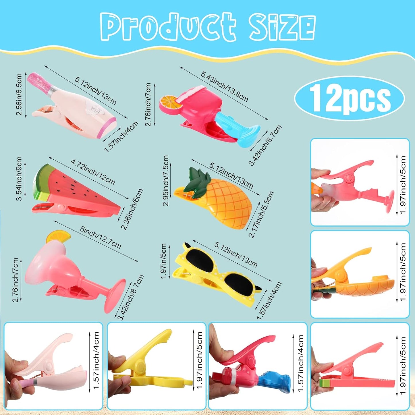 Honoson 12 Pcs Beach Towel Clips Beach Chairs Clips Plastic Swimming Pool Towel Holders Jumbo Size Funny Clothespins for Patio Holiday Pool Blanket Decoration (Cute)