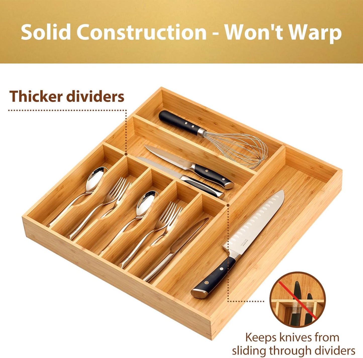 Umilife Large Kitchen Drawer Organizer, 19"x20" Silverware Utensils Organizer, 2.5" High for Large Deep Drawers, Bamboo Flatware Holder with Thick Frames, Sturdy Kitchen Organization Tray