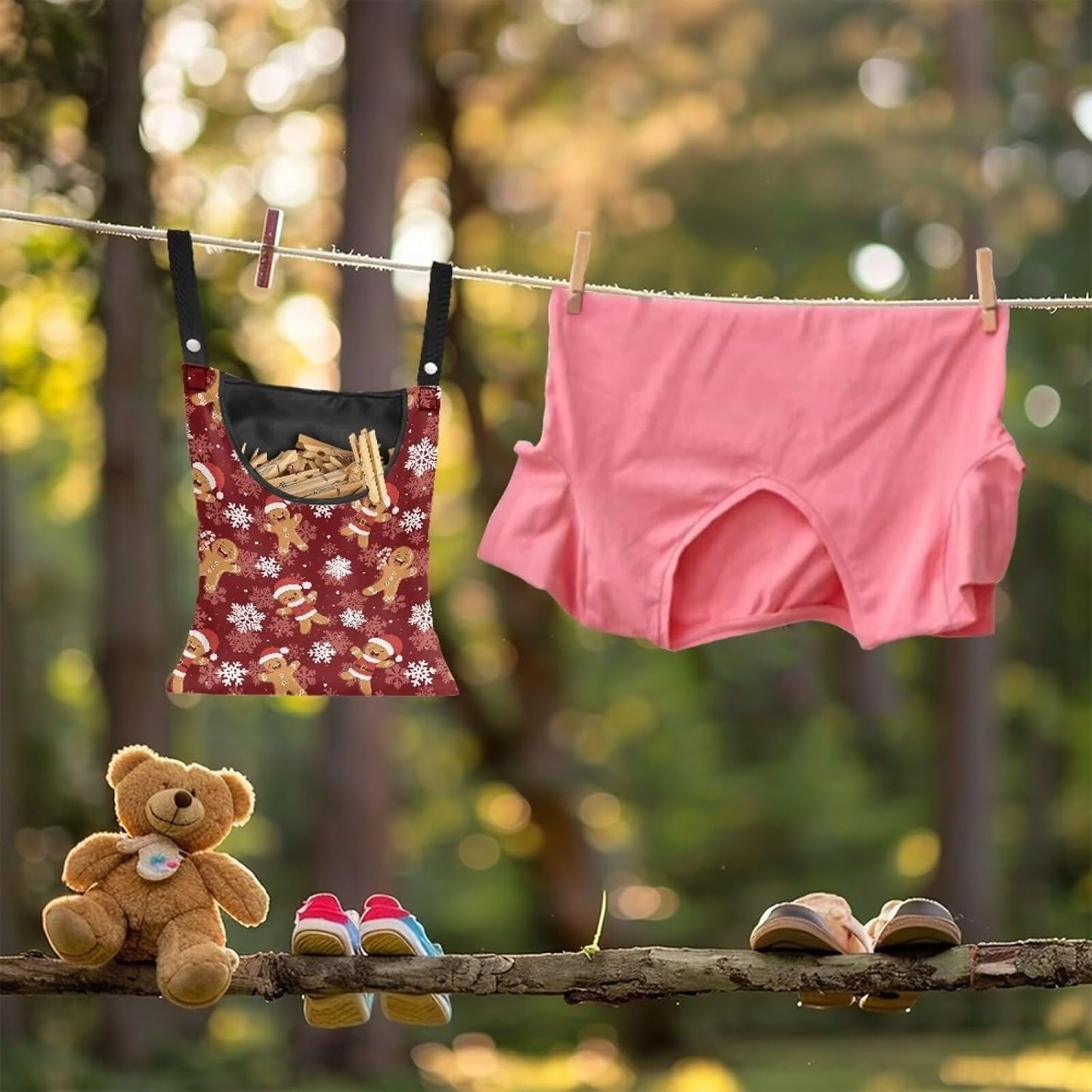 Christmas Gingerbread Man Waterproof Clothespin Organizer - Hanging Hook & Large Opening for Beach House, Laundry Room Decor