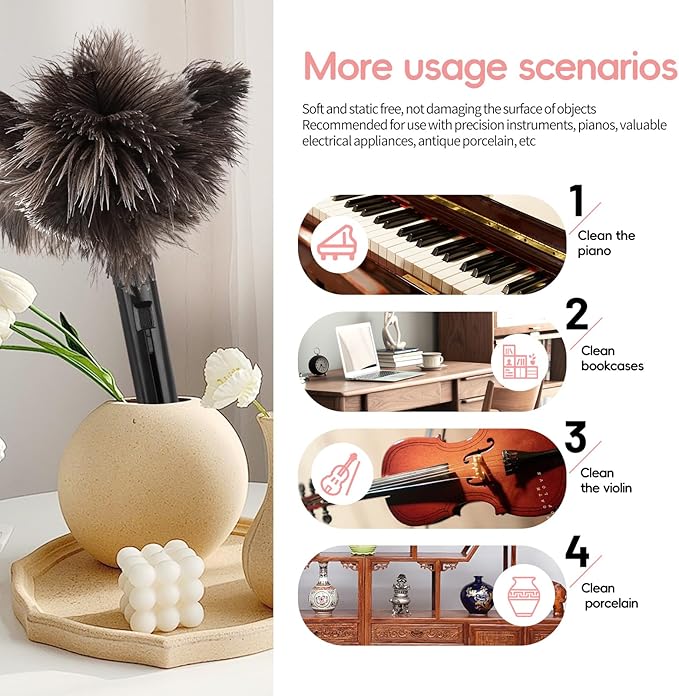 Retractable Feather Duster-Genuine Ostrich Feathers,Anti-Static,Reusable Eco-Friendly Handheld Cleaning for Keyboard,Home,Car,Office (10 to 15 Inches) 2 Pack