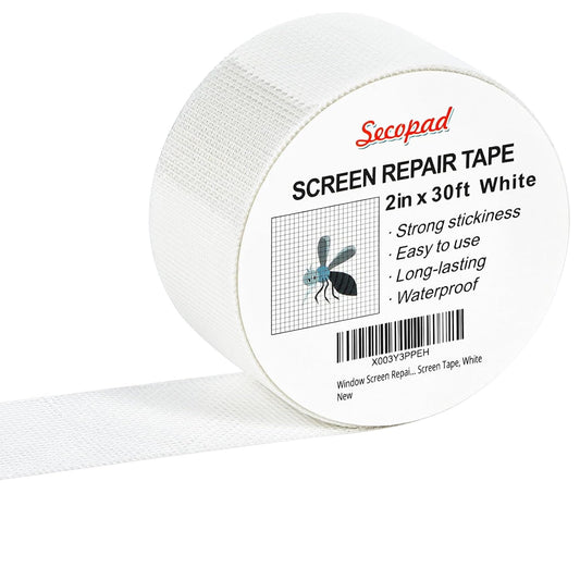 White Window Screen Repair Tape, 2 in X 30 FT (360IN) Kit for Windows or Doors, Strong Adhesive Patch Fiberglass Mesh Repair