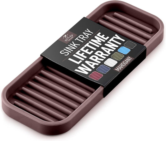 Zulay Kitchen (9x3.5) Silicone Sponge Holder for Kitchen Sink - Flexible Multipurpose Soap Tray - Sink Organizer for Kitchen, Bathroom, Makeup, Trinkets & More (Dark Mahogany)