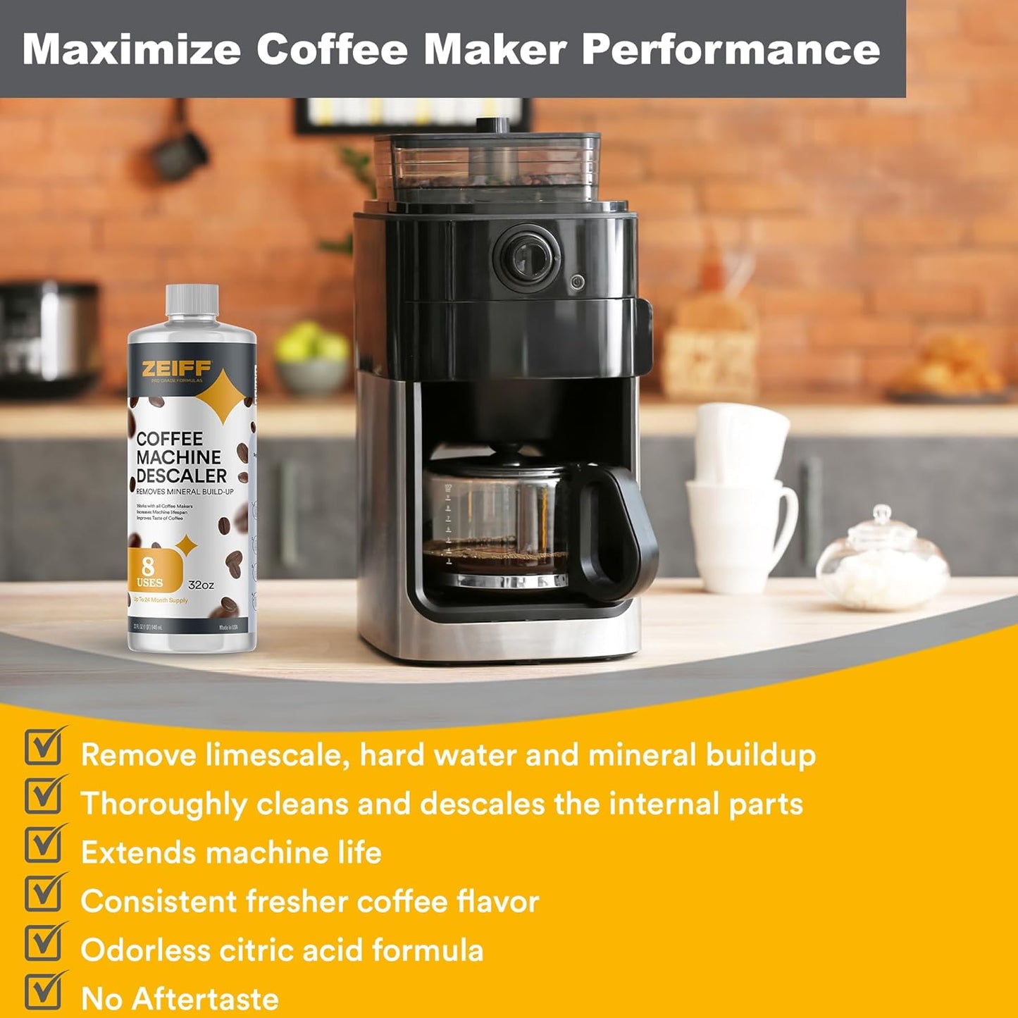 Coffee Machine Descaler - 32oz (8 Uses) - Compatible with Nespresso, Breville, Delonghi, Keurig Descaling Solution for Coffee Maker Cleaner and Descaler - Coffee and Espresso Machine Descaler