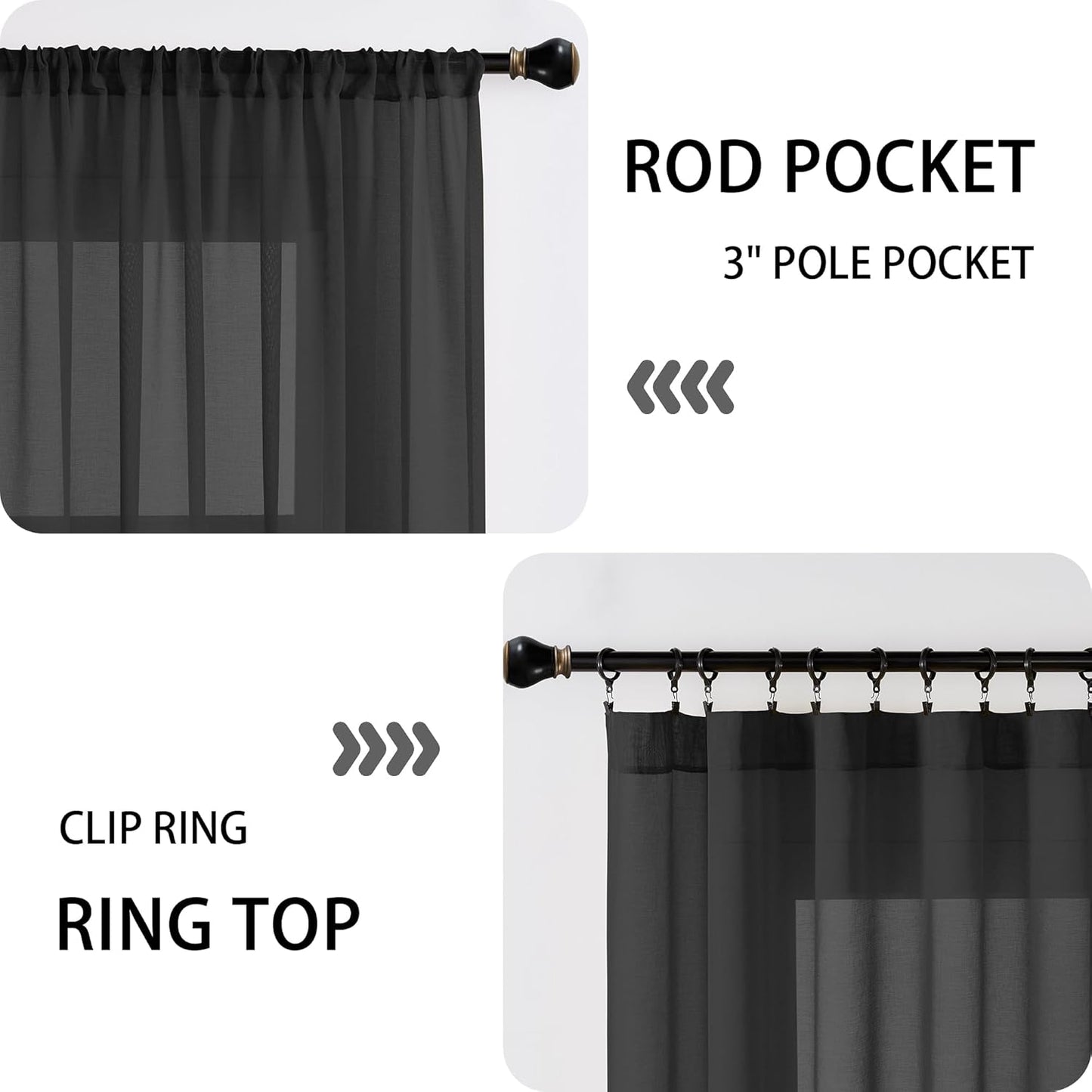 Tollpiz Short Sheer Curtains Closet Linen Textured Curtains Sheer Doorway Light Filtering Voile Patio Glass Door Rod Pocket Curtain French Door, 54 x 40 inches Long, Black, Set of 1 Panel