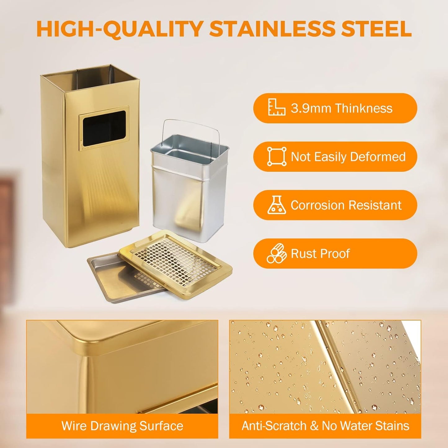 BEAMNOVA Trash Can Indoor Outdoor Black Stainless Steel Commercial Garbage Can Industrial Garbage Enclosure Inside Cabinet with Lid Waste Container, Gold Color, 12.2 * 9.8 * 24 in