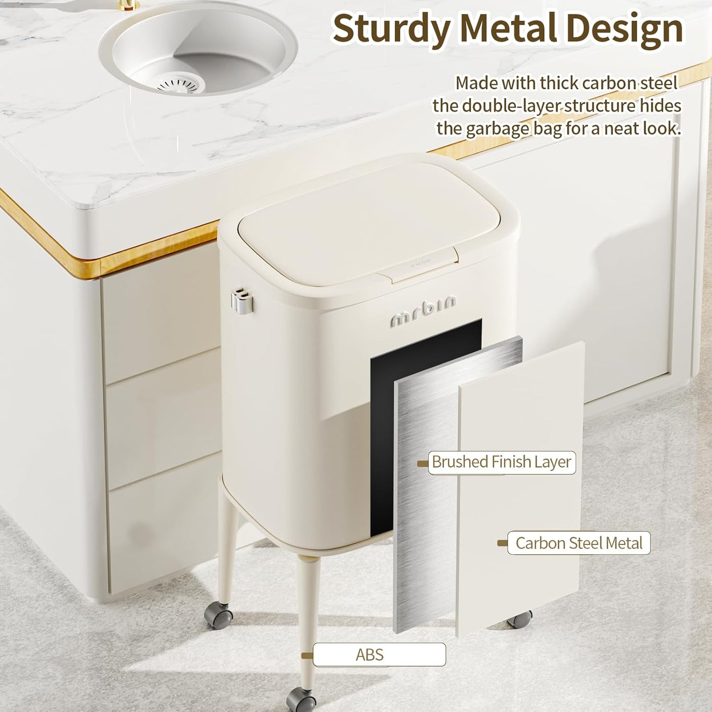 MRBIN Metal Kitchen Trash Can with Wheel Legs, 36L / 9.5gal Medium Press Lid Slim Removable Waste Basket, Pet Proof Tall Narrow Garbage Pail for Vanity, Bedroom, Bathroom, Living Room, Almond Blossom