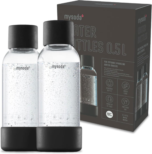 Mysoda Carbonating Bottles 2Pck 0.5L - Compatible with MySoda and any brands - Quick-Lock Reusable Bottles - Lid and Base Made of Wood Composite - BPA Free - Black