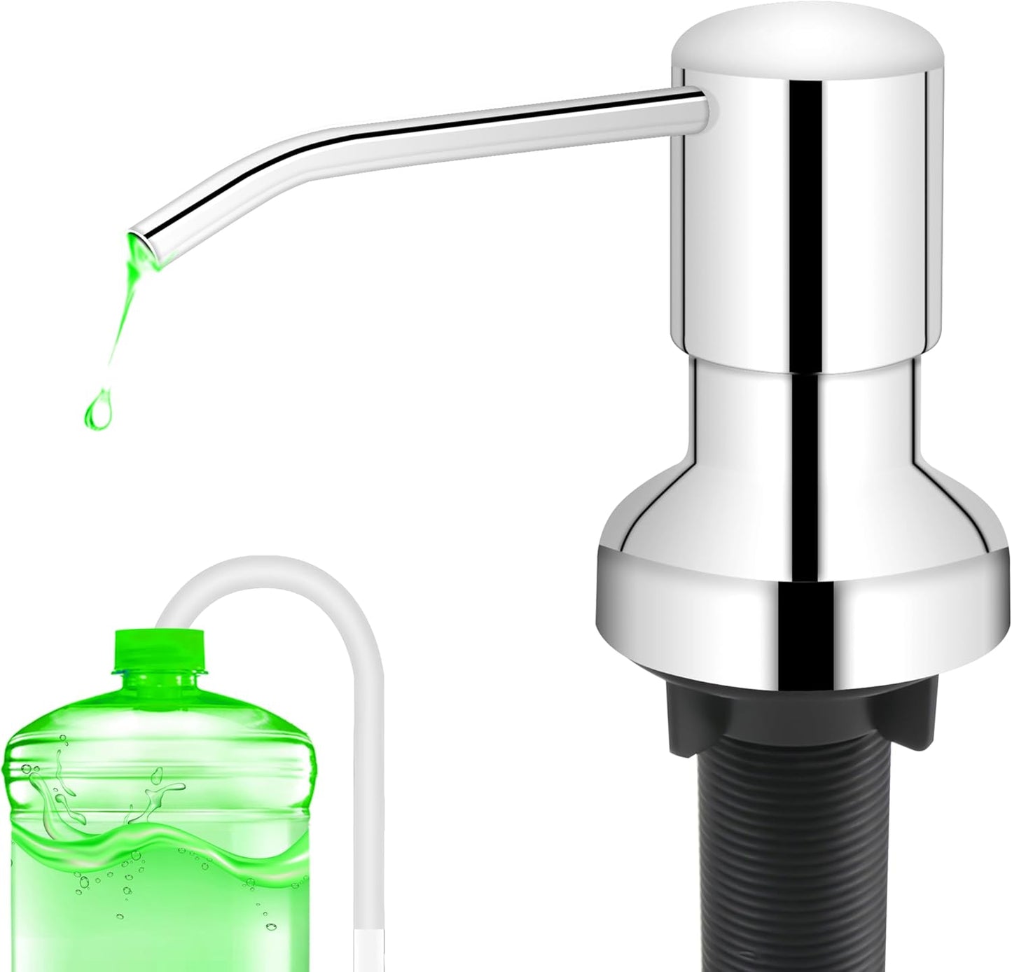 Soap Dispenser for Kitchen Sink, Sink Soap Dispenser with Longer Threaded Shaft Shank, 47" Extension Tube Connects Directly to Dish Soap Container, Wider Pump Head Base（Chrome）