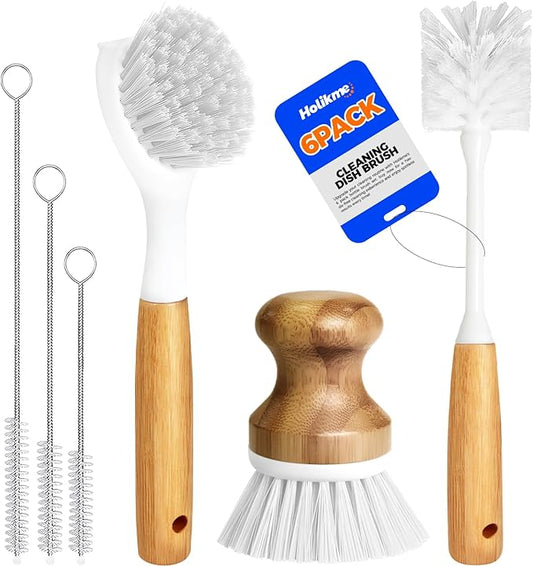 Holikme 6 Pack Dish Brush Scouring Pad Set with Bottle Brush, Dish Brush, Palm Scrub Brush and Straw Brush, Dish Scrubber Long Handle for Dish Bottle Cup Skillet Wok Pot Pan Cast Iron, White