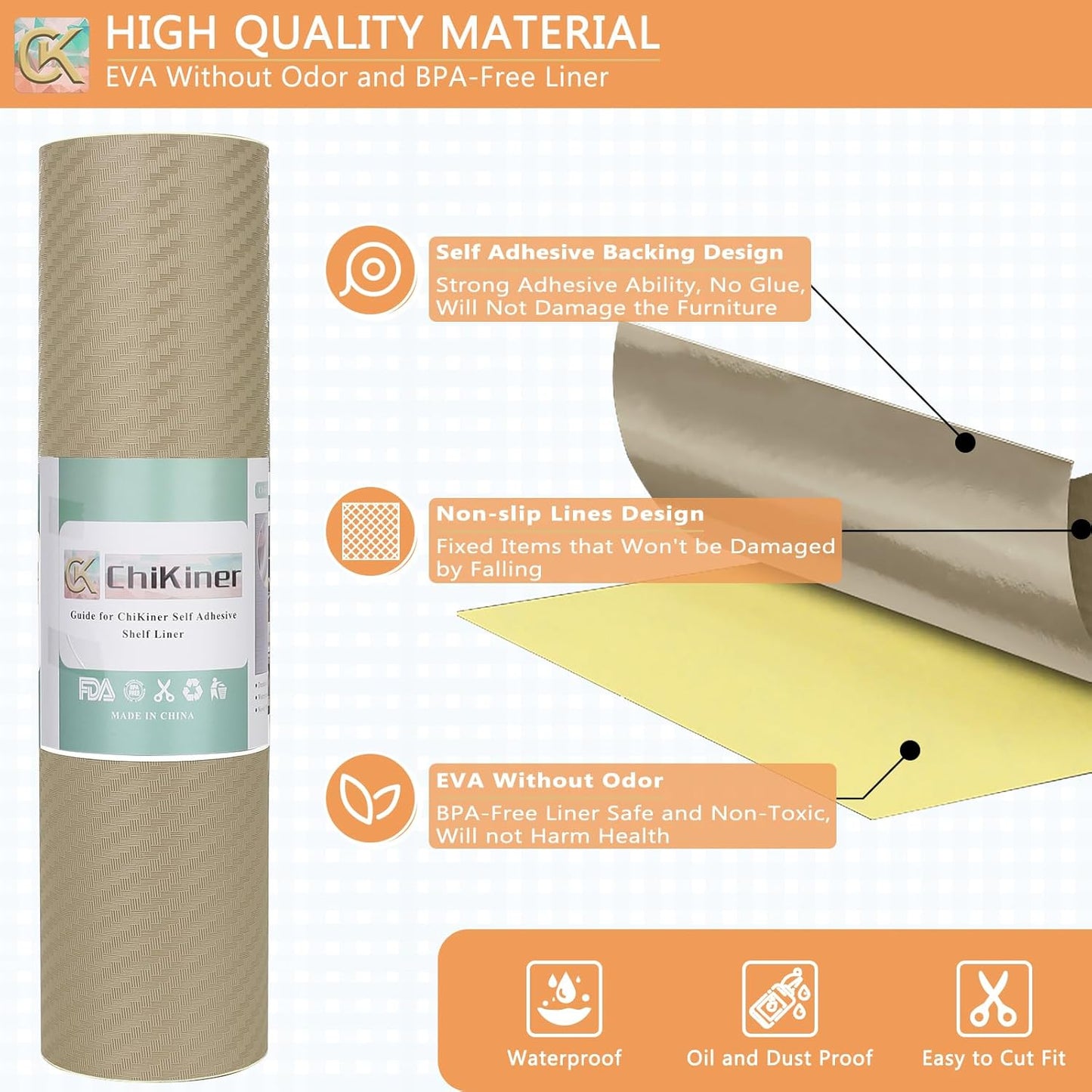 Self-Adhesive Shelf Liner Kitchen Liner, Waterproof Backed Paper Easy Peel and Stick Contact Liner Without Residue for Decor Your Desk Surface, Kitchen Countertops (Dark Khaki, 11.8 x 118.1 inches)