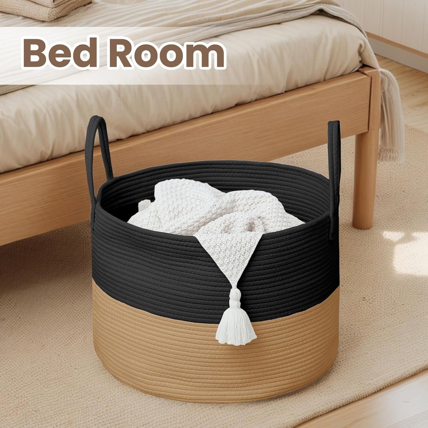 Woven Blanket Basket,115L Large Rope Storage Bin with Handles, Organizer for Blankets Toys Book and Clothes, Laundry Basket for Living Room Bedroom Nursery,Black&Jute