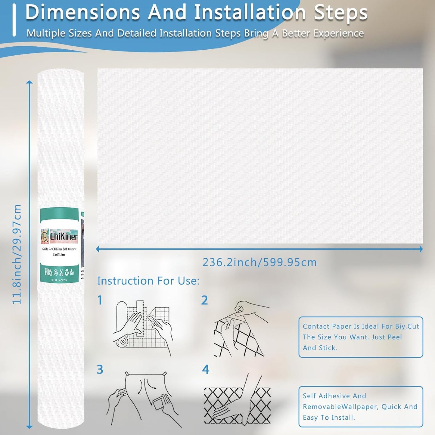 Self-Adhesive Shelf Liner Kitchen Liner, Waterproof Backed Paper Easy Peel and Stick Contact Liner Without Residue for Decor Your Desk Surface, Kitchen Countertops (Clear, 11.8 x 236.2 inches)