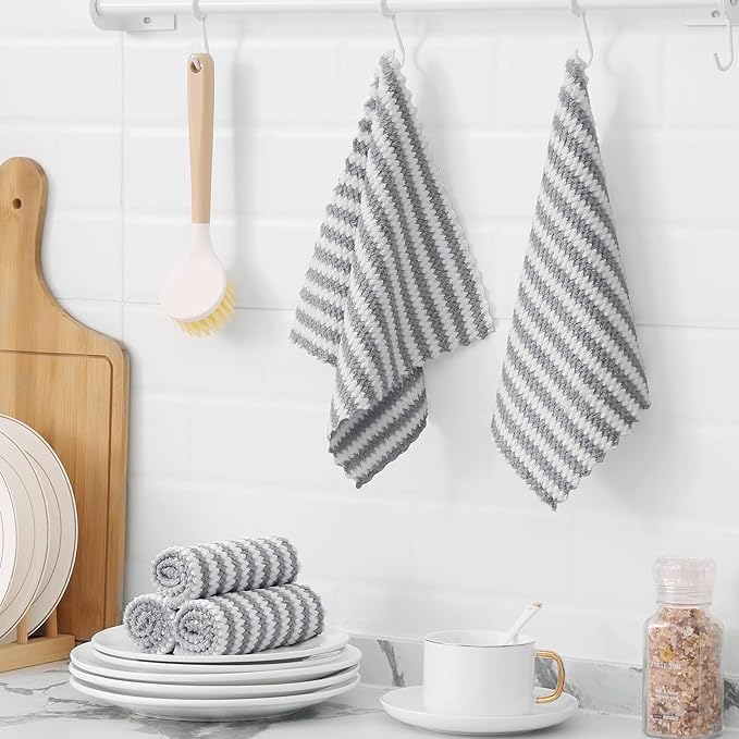Homaxy 24 Pack Kitchen Dish Cloths, Ultra Soft and Absorbent Dish Towels, Reusable Fast Drying Microfiber Cleaning Cloth, Coral Velvet Wave Design No-lint, 10 x 10 inches, Grey
