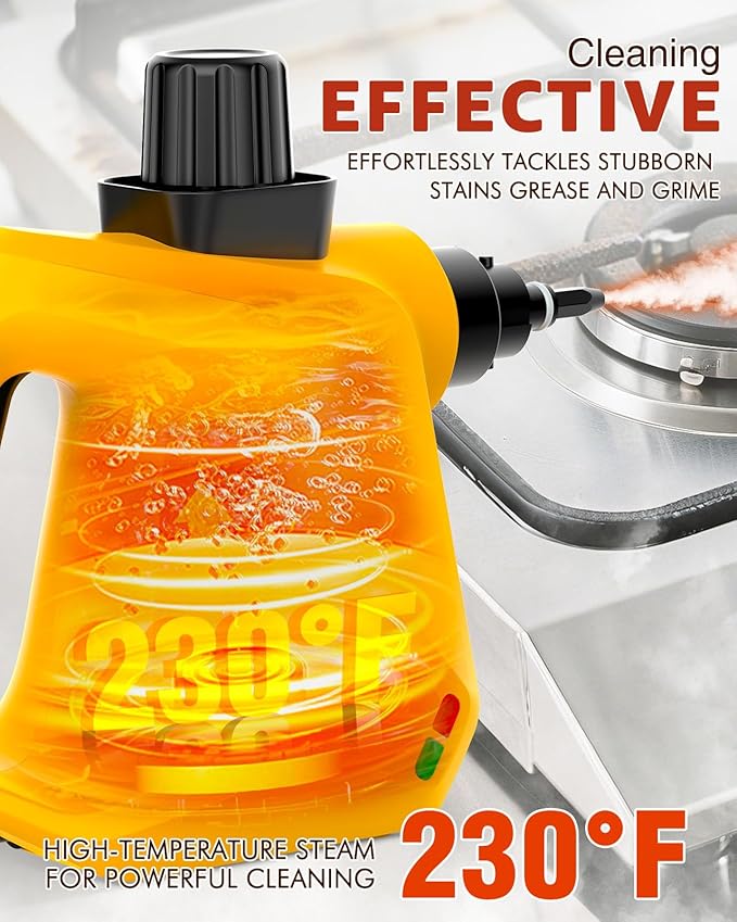 Steam Cleaner, DynVapor Pressurized Deep Cleaning Handheld Steam Cleaner for Home, Multi-Purpose Natural Steamer with 9 PCS Accessories for Kitchen, Car, Furniture, Bathroom, Floor, Grout&Tile(Yellow)