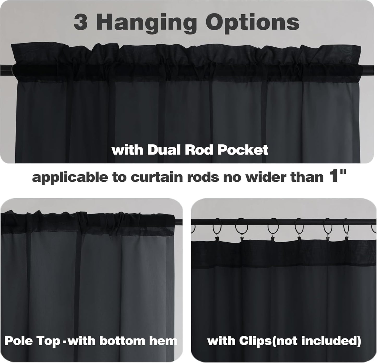 Chyhomenyc Black Sheer Curtains 96 inches Long Window Draperies 2 Panels, Solid Elegant Window Voile Panels/Drapes/Treatment/Backdrop for Bedroom Living Room Wedding Party Decor, 42 Wx96 L, 8FT L