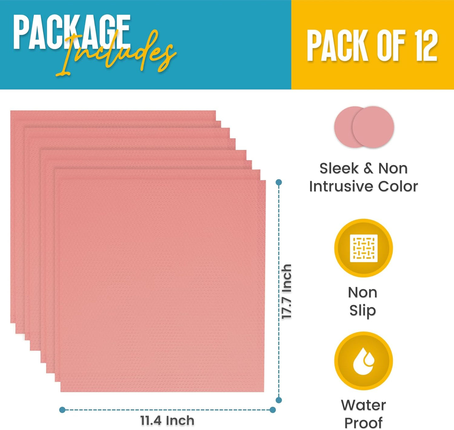 Refrigerator Liners for Shelves (12 Pack) by Linda’s Essentials - Non-Adhesive Shelf or Drawer Liner, BPA-Free Fridge Mats for Kitchen & Cabinets, Easy to Clean, Ideal Household Essentials (Pink)