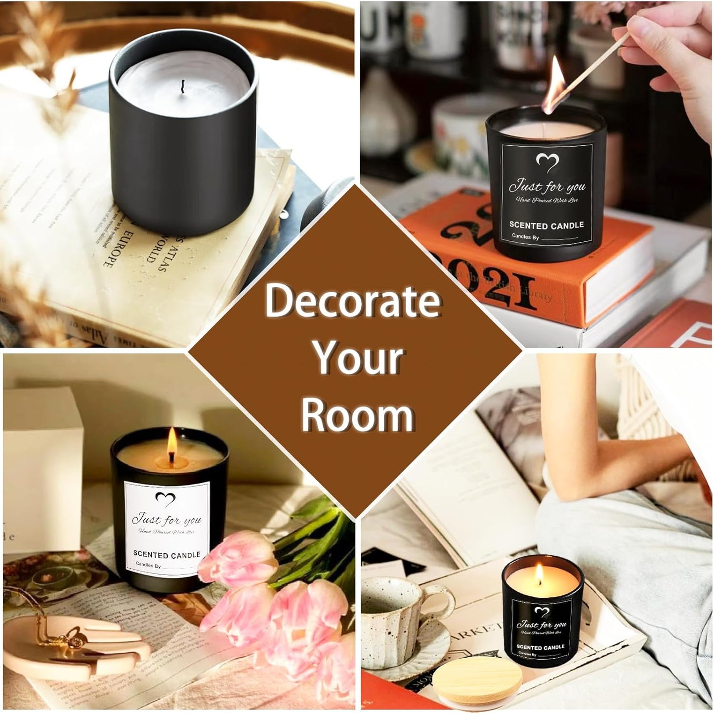 CONNOO 8 Pack 14 OZ Empty Black Glass Candle Jars for Making Candles with Bamboo Lids and Sticky Labels, Bulk Candle Jars for Making Candles - Spice, Powder Containers.