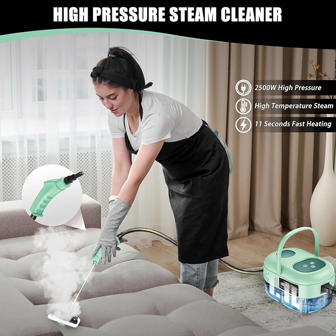 Handheld Steam Cleaner with Touch Screen, Portable Steamer for Cleaning, Hand Held Steamer Cleaner, Pressurized Hand Steam Cleaner for Home Car Detailing Walls Grout Couch Tile Carpet, Green