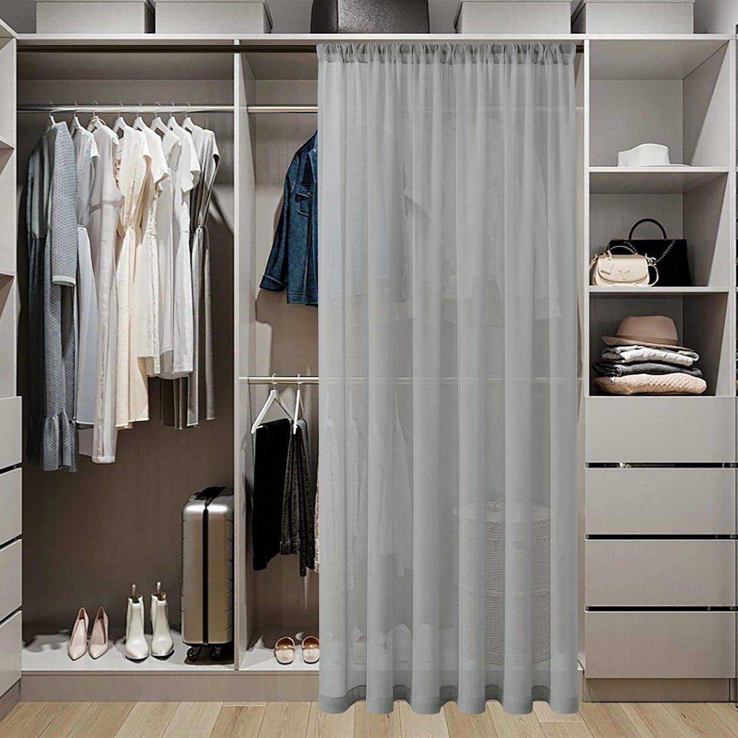 Tollpiz Short Sheer Door Curtains Closet Linen Textured Curtains Sheer Doorway Light Filtering Voile Patio Glass Door Rod Pocket Curtain French Door, 54 x 40 inches Long, Silver Grey, Set of 1 Panel