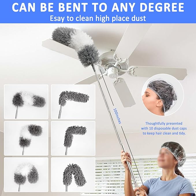 Microfiber Duster Kit 23pcs with 30 to 100 Inches Extension Pole and Extendable Window Squeegee, Washable and Bendable Feather Duster for Cleaning Ceiling Fans, High Ceilings, Cobwebs, Blinds