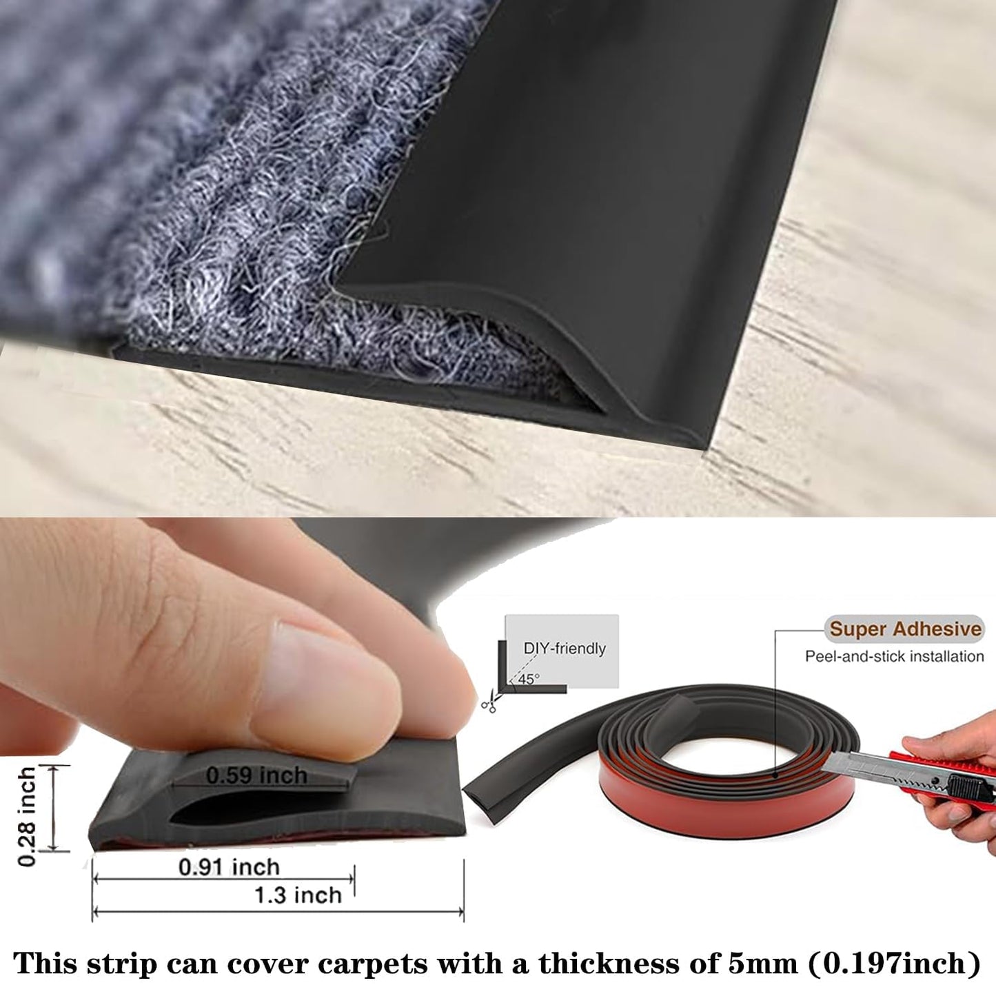 Self Adhesive Carpet Transition Strip with Edge Trim, Designed for Seamless Transitions from Carpet to Tile or Vinyl Floors, Perfect for Doorways.(Black,40ft)