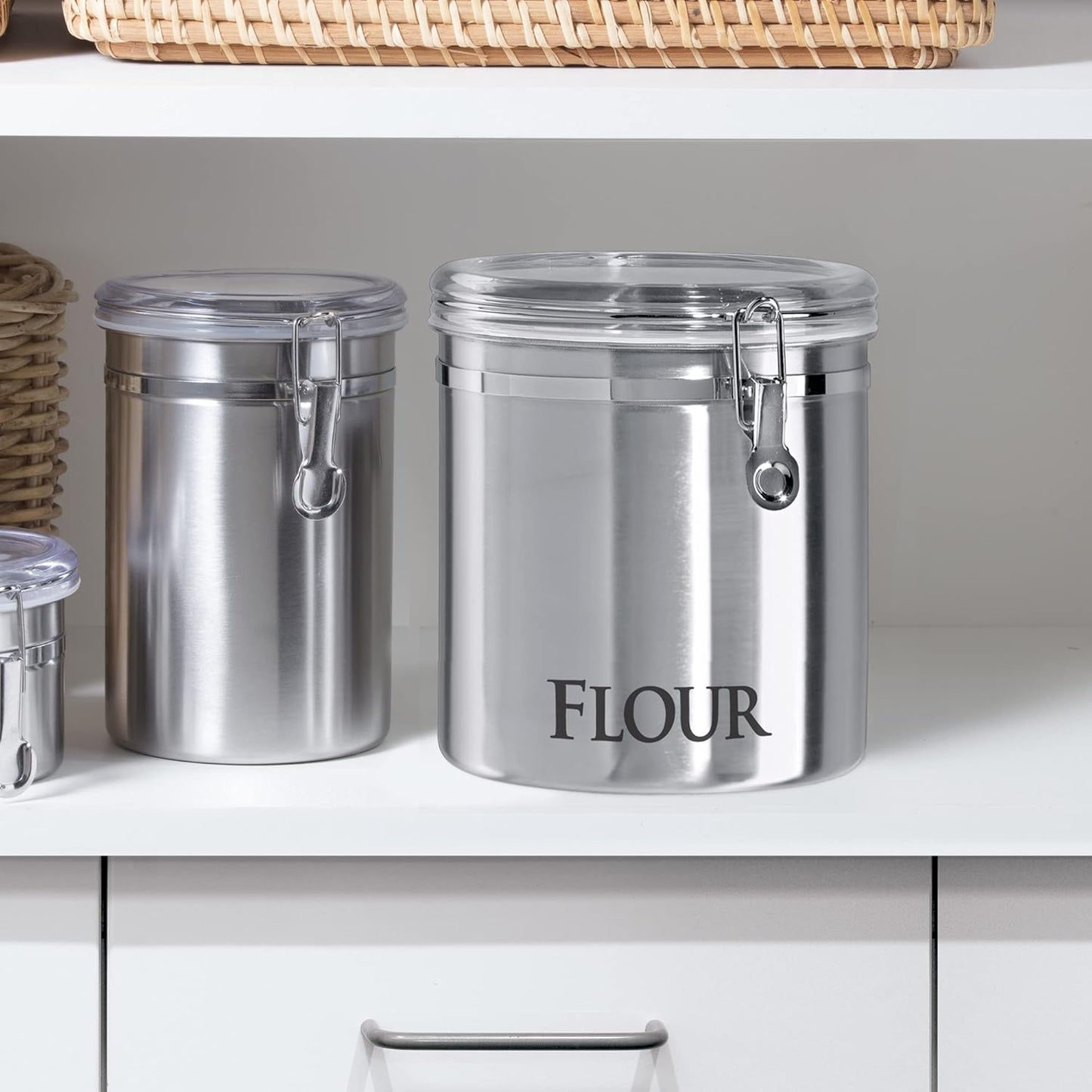Oggi Stainless Steel Kitchen Canister 152oz + Oggi Jumbo 8" Stainless Steel Flour Clamp Canister