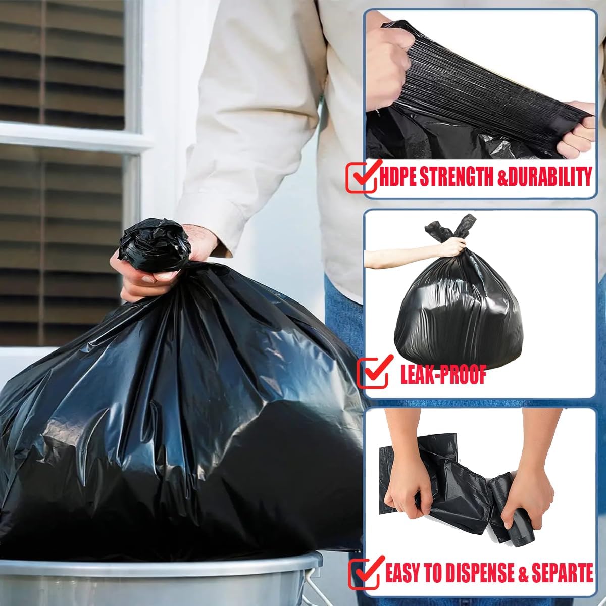 8-10 Gallon Trash Bags, 1000 Count Bulk Value Pack, Black Garbage bags, Multi-purpose Trash Can Bin Liners for Bathroom, Office, Industrial, Commercial, Janitorial, Municipal, Recycling