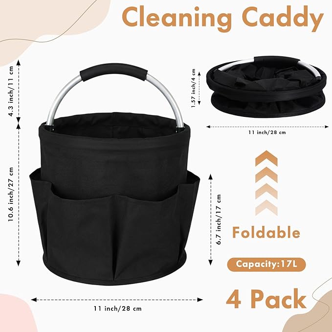 LemonRoad 4 Pack Cleaning Caddy with Handle 17L Foldable Cleaning Supplies Organizer Oxford Cloth Storage Basket with 6 Pockets & Soft Grip Portable Multi Bucket Bag for Home, Garden (Black)