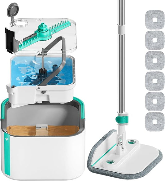 Upgraded Spin Mop and Bucket System Set, Self Separate Clean and Dirty Water, Foldable Square Standing Mop Head with Microfiber Mop Pads, Detachable Bucket (White+Blue, Mop Set with 6PC Pads)